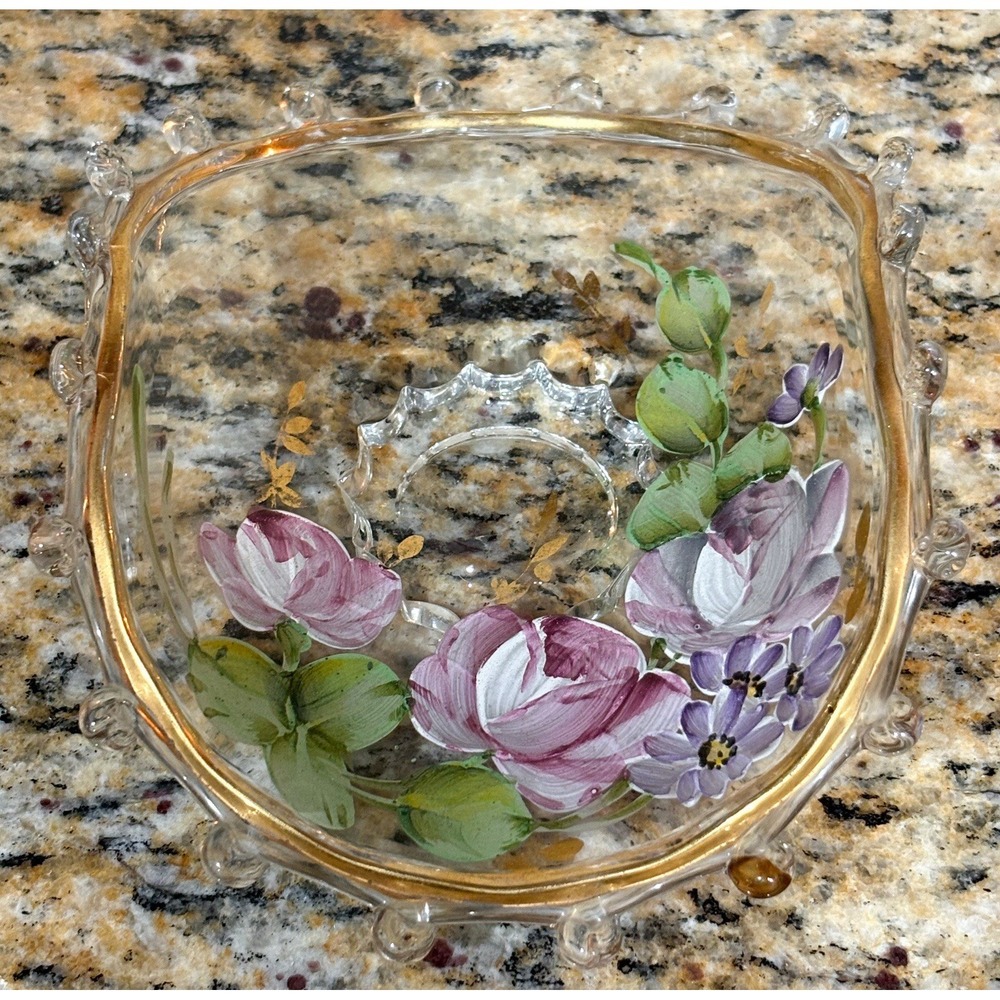 Heisey Lariat Floral Ribbon Hand Painted Glass Dessert Candy Dish Vtg Gold Trim